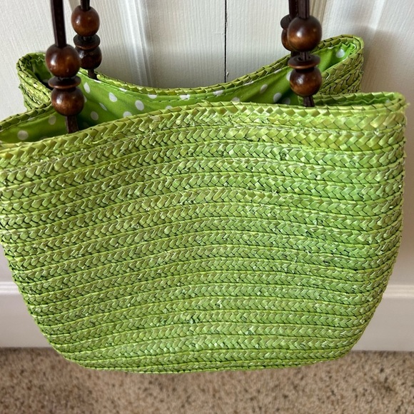 Sonoma life + style green straw weave purse bag wood/leather handle straps - Picture 2 of 6